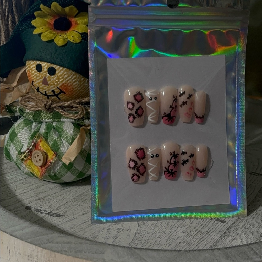 Pink Halloween Nail Set HandMade/Hand Painted